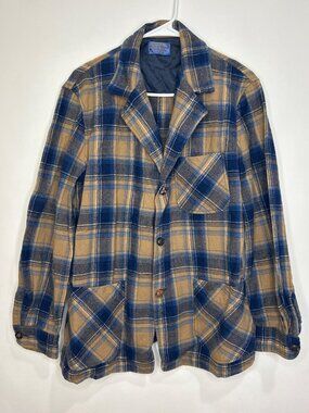 Vintage Pendleton Woolen Mills Plaid 100% Wool Shirt Mens M Blue & Tan